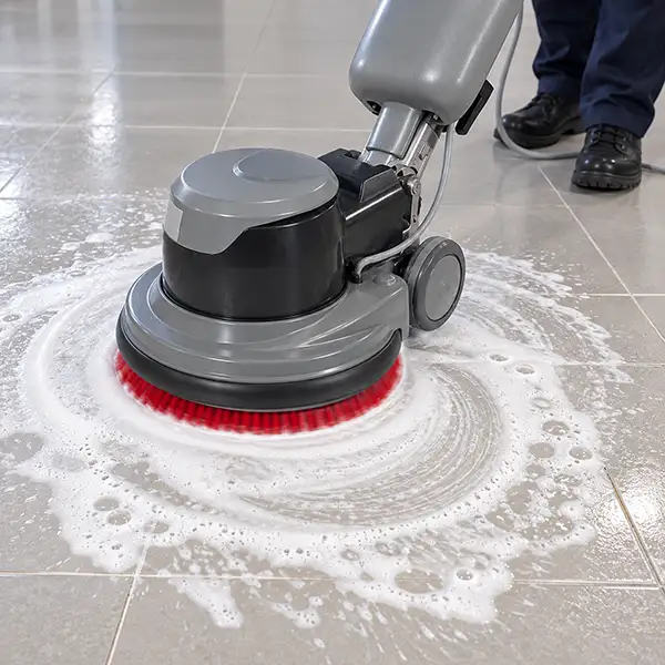 Commercial floor machine scrubbing a hard floor